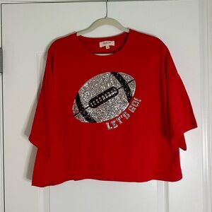 Peach Love - Red sequin football shirt that reads “Let’s go!”